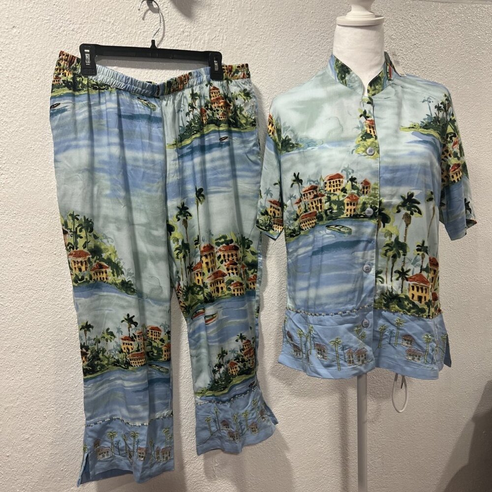 Weekend Clothes Line Hawaiian Shirt L Princess Cruise 2pc Pants‎ XL Beads